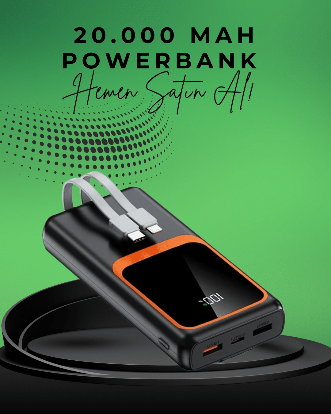 20000 mAh Taþýnabilir Powerbank | Çok Kablolu, Hýzlý Þarj Destekli (22.5W)