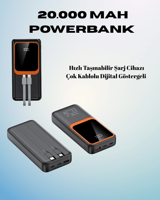 20000 mAh Powerbank | Çok Kablolu, Dijital Göstergeli, Yüksek Hýzlý Þarj Cihazý